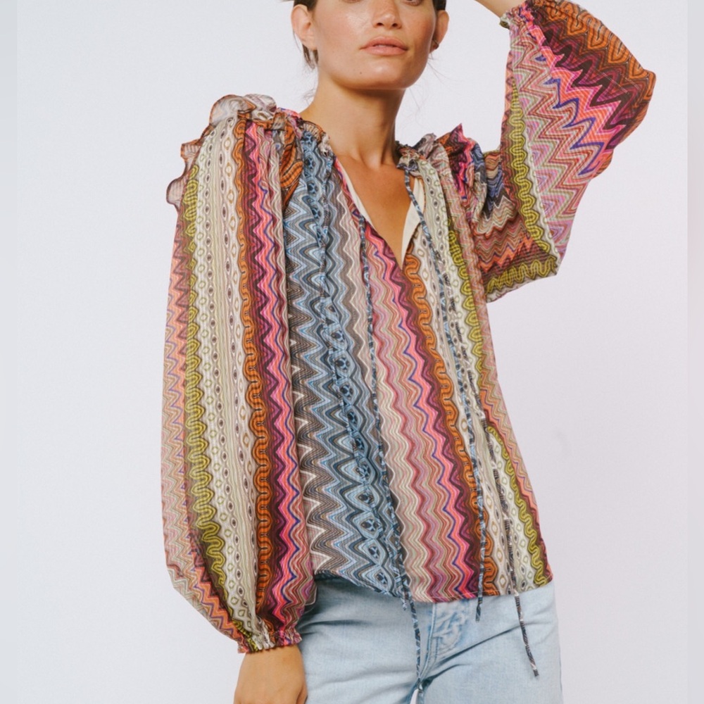 NWT Anthropologie Top Ciebon metallic accents print sheer layer lined ruffle S M